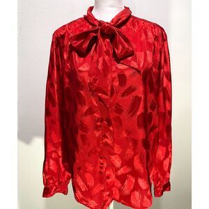 JP Collections blouse classic bow shirt festive red long balom sleeves women 14